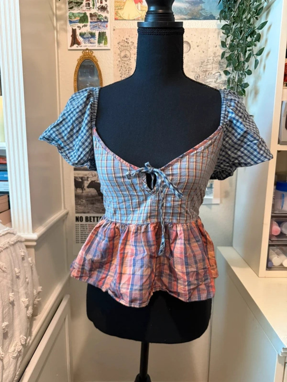 American Eagle Mixed Plaid Puff Sleeve Tie Front Peplum Crop Top Size L